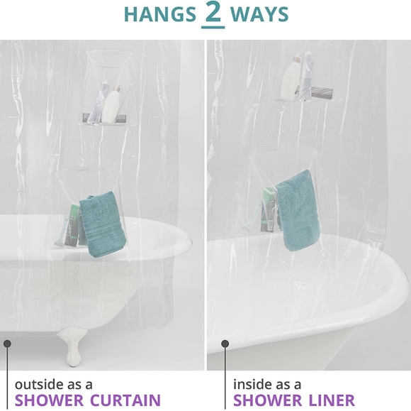 Bathroom Waterproof PEVA Clear Shower Curtain With Mesh Pockets - Picture 7 of 10